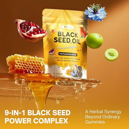 90 Black Seed Oil Gummies | 500mg Cold-Pressed Black Seed Oil, Amla, Bamboo, Fo-Ti, Nettle Leaf, Gotu Kola Extract | Vegan, Non-GMO Gummies | Hair, Skin & Nail Nourishment | Pomegranate Flavor