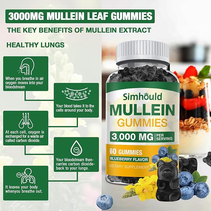 Simhould 2 Pack Sugar Free 3000MG Mullein Gummies - Lung Cleanse, Mullein Leaf Extract Supplement for Respiratory, Organic Mullein Drops with Quercetin & Bromelain for Lung, Digestive Health & Immune