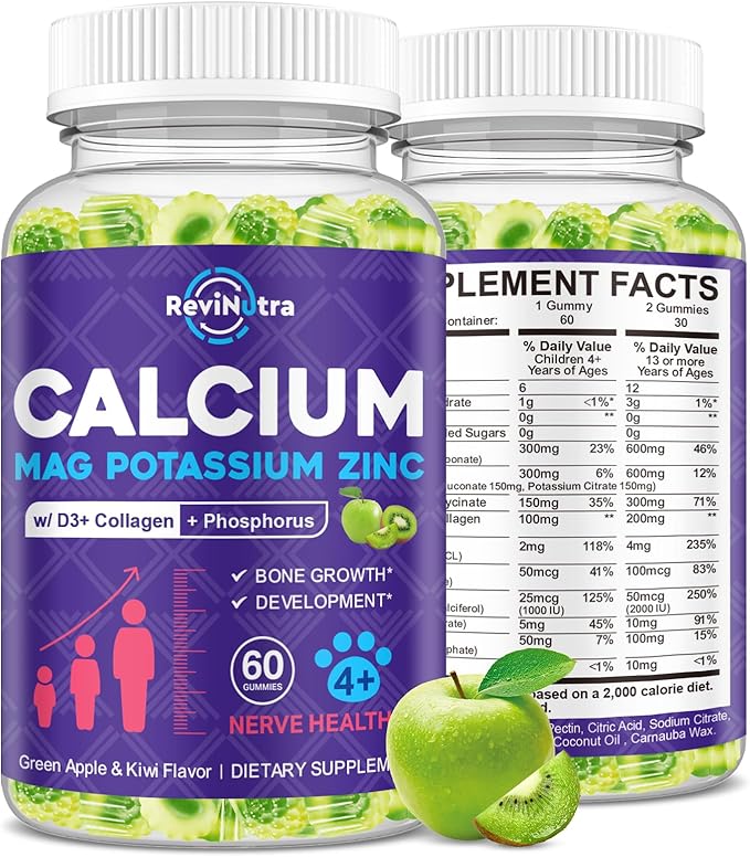 Calcium Potassium Magnesium Gummies for Kids & Adults, Magnesium Potassium Calcium Supplement for Kids, Sleep, Bone Strength, Density Support, Sugar Free, Juice Apple & Kiwi Flavor, 60 Gummies