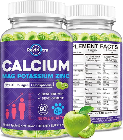 Calcium Potassium Magnesium Gummies for Kids & Adults, Magnesium Potassium Calcium Supplement for Kids, Sleep, Bone Strength, Density Support, Sugar Free, Juice Apple & Kiwi Flavor, 60 Gummies