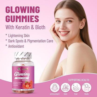 Skin Glowing Gummies, Contains Keratin & Bioth, Lightening Skin, Dark Spots, Pigmentation Care, Antioxidant, 60 Count