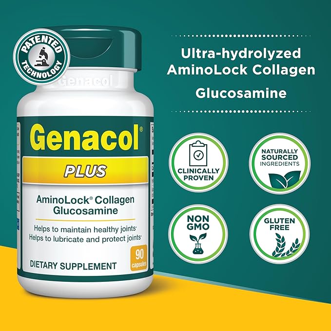 Genacol Plus – Glucosamine and Collagen Supplement, Ultra-Hydrolyzed Collagen Peptides, Eases Joint Movement, Maintains Cartilage, 90 Capsules (30-Day Supply)