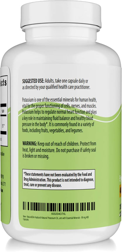 NaturalSlim Natural Potassium Citrate Gluconate 99 mg - Kadsorb Supports Electrolyte Balance & Normal pH - Absorbable Potassium Supplements with Essential Minerals - Non GMO 400 Capsules 3 Pack