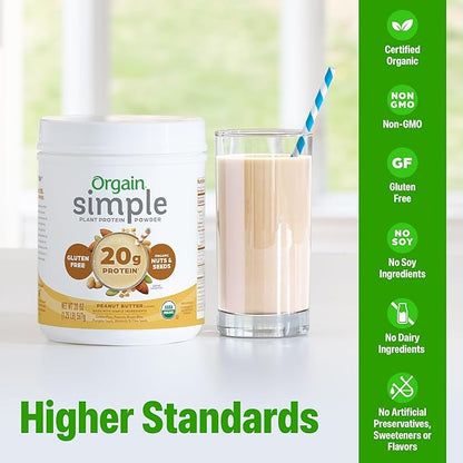 Orgain Organic Simple Vegan Protein Powder, Peanut Butter - 20g Plant Based Protein, With less Ingredients, No Artificial Sweeteners, Gluten Free, No Dairy or Lactose, 1.25 lb (Packaging May Vary)