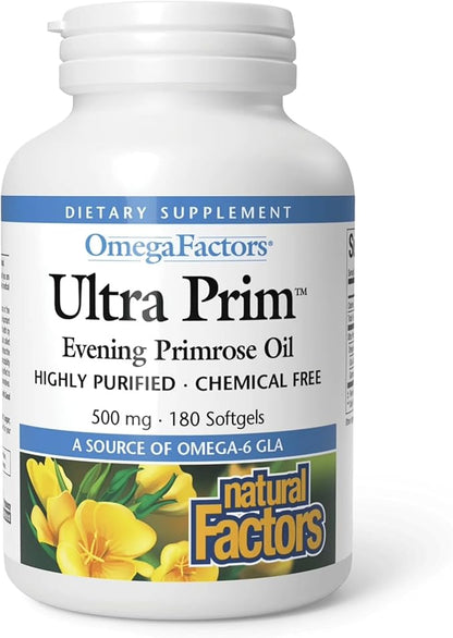 Natural Factors Omega Factors Ultra Prim Evening Primrose Oil 500 mg - Women's Health Supplement for Menopause & PMS Support - Non-GMO, Gluten-Free & Dairy-Free - 180 Softgels (180 Servings)