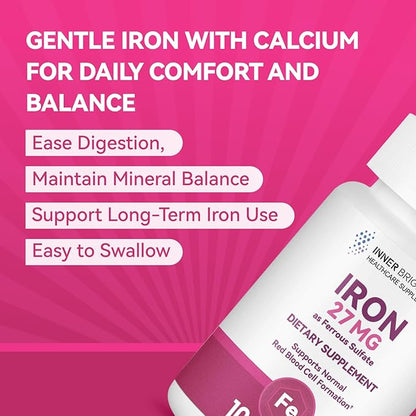Inner Brightness Iron Supplement, Iron 27mg Iron Supplement for Women, 100 Tablets, 100 Day Supply, Daily for Adults, Red Blood Cell Support, Gentle on Stomach