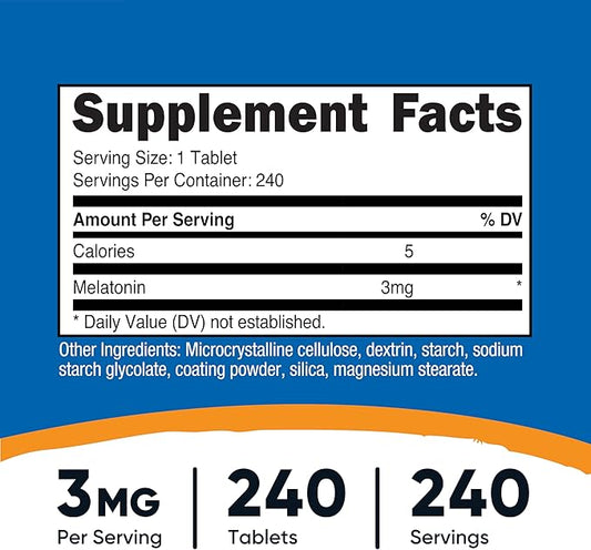 Nutricost Melatonin 3mg, 240 Tablets - 3mg Per Serving, Non-GMO, Gluten Free