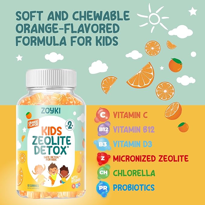 Zeolite Detox Gummies for Kids - Cleanse Out Toxins - Micronized Zeolite Chewable Body Support Supplement with Chlorella Vitamin D3 B12 C - Orange Flavor Vegan Non-GMO Gluten-Free