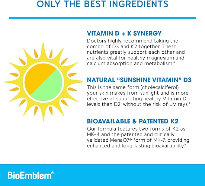BioEmblem Vitamin D3 K2 Capsules (5000IU and 200mcg) - Patented MK7 and MK4 for 3-in-1 Complex Support - Vegetarian Vitamin D K2 Supplement for Teeth, Heart, Immune System - Non-GMO, 90 Caps