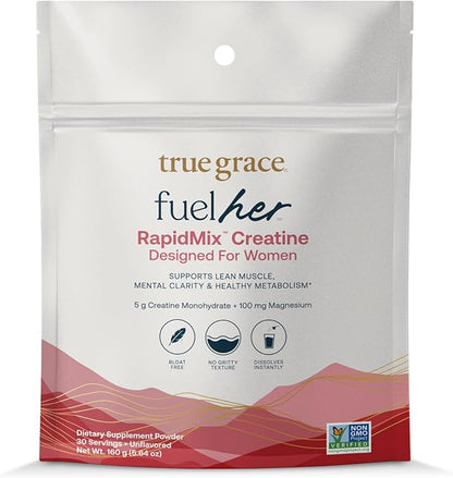 True Grace FuelHer RapidMix Creatine Monohydrate - Unflavored - for Women - Supports Lean Muscle, Mental Clarity & Metabolism - 100 mg Magnesium - Bloat Free - Mixes Instantly - Non-GMO - 30 Servings
