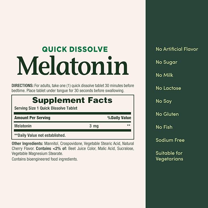 Nature's Bounty Melatonin, Promotes Relaxation & Sleep, 100% Drug Free Sleep Aid, 3 mg, 120 Quick Dissolve Tablets