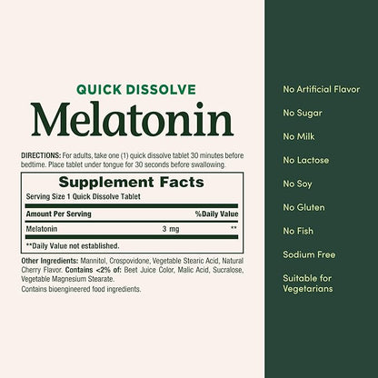 Nature's Bounty Melatonin, Promotes Relaxation & Sleep, 100% Drug Free Sleep Aid, 3 mg, 120 Quick Dissolve Tablets