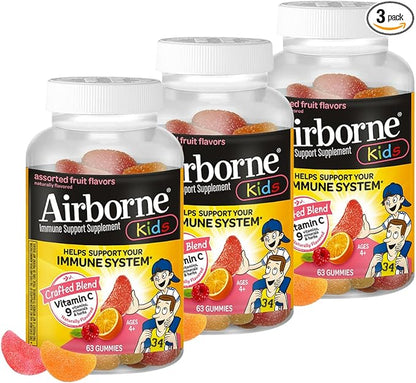 Airborne Kids 500mg Vitamin C Gummies, Kids Immune Support Zinc Gummies with Powerful Antioxidants VIT C & E - 63 Gummies, Assorted Fruit Flavor (Pack of 3)