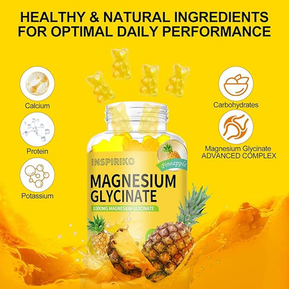 Magnesium Glycinate Gummies 1000mg - Sugar-Free Magnesium Potassium Supplement with Vitamin D, B6, CoQ10 for Adults & Kids,High Absorption for Calm Mood & Sleep Support - 60 Pineapple Gummies