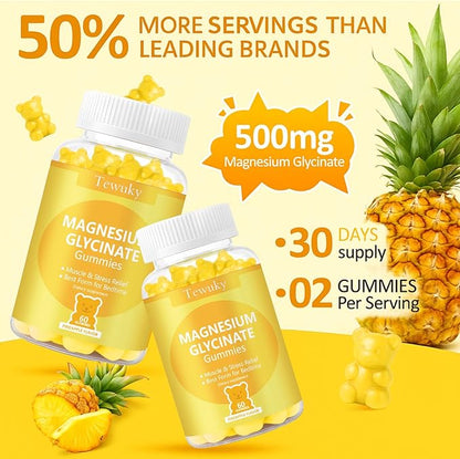 Magnesium Glycinate Gummies 500mg, Sugar-Free for Adults & Kids, Magnesium Gummies for Sleep, Stress & Muscle Relief, Supports Bone & Nerve Health, Vegan, Pectin-Based, 60 Count, Pineapple Flavor