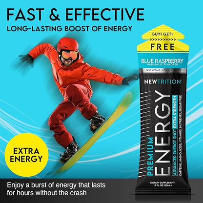 NewTrition® Extra Strength Energy Shots, 1.7 fl oz - 250mg Caffeine with Vitamin B & Amino Acids, Sugar-Free, Zero Calorie Vitamin Energy Drink for Focus & Endurance (Pack of 6, Blue Raspberry)