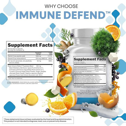 Clean Nutraceuticals Immune Defense Support Supplement 8 in 1 with Zinc 50mg Quercetin, VIT C 1000mg, Vitamin D3 5000 IU, Elderberry, Ginger - Immunity System Booster for Adults, Vegan - 60 Count