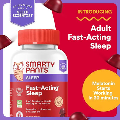 SmartyPants Adult Sleep Gummies with Melatonin: Magnesium & L-Theanine, Drug-Free, Non-Habit Forming Sleep Aid, Fast-Acting, Blueberry BlackBerry Flavor, 60 Count