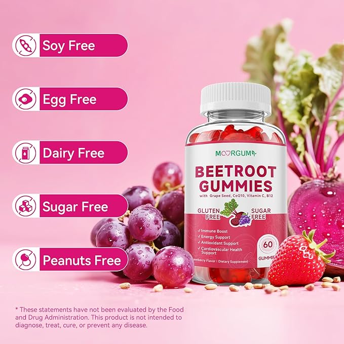 Beetroot Gummies with Grape Seed, Niacin, CoQ10, Vitamin C, B12, L-Citrulline & L-Arginine, Antioxidant Support, Sugar-Free Beet Root Supplement for Women & Men, 120 Count