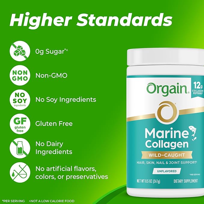 Orgain Wild-Caught Marine Collagen Peptides Powder for Women & Men, Hair, Skin, Nail & Joint Support Supplement, 12g Collagen Per Serving, Pescatarian & Paleo, Non-GMO, Unflavored, Type I & III, 8.5oz