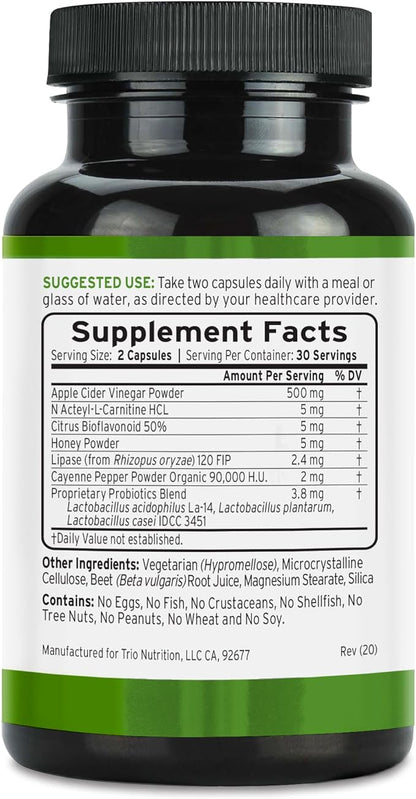 TRIO NUTRITION Apple Cider Vinegar Capsules with Multi-Strain Probiotics - Natural Sugar Free ACV Capsules with The Mother for Gut Health, Immunity, Body Cleanse & Healthy pH - Metabolism Booster*