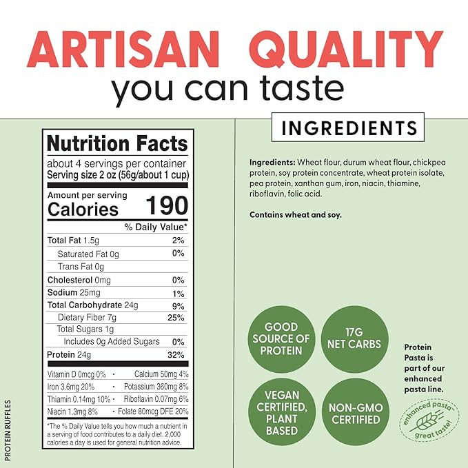 Pastabilities, Protein Pasta, Ruffles - 24g Protein & Low Carb, 17g Net Carbs - High Protein, Delicious Taste & Texture Non-GMO Plant-Based Pasta, Keto Friendly, Vegan (8 Ounce, 6 Pack)