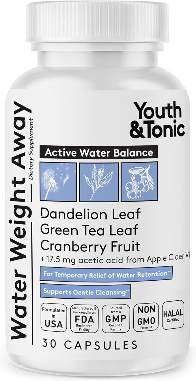 Youth & Tonic Water Weight Away – Herbal Diuretics for Water Retention & Bloating Support – with Potassium & Vitamin B6 for Fluid Balance – 30 Pills for Belly Bloat, Leg & Feet Swelling Support