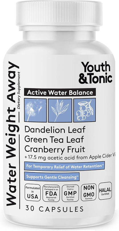 Youth & Tonic Water Weight Away – Herbal Diuretics for Water Retention & Bloating Support – with Potassium & Vitamin B6 for Fluid Balance – 30 Pills for Belly Bloat, Leg & Feet Swelling Support