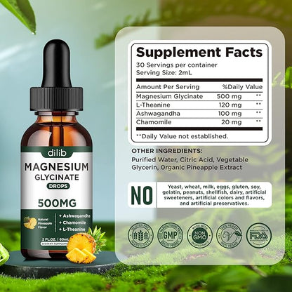 Magnesium Glycinate 500mg - Liquid Magnesium Drops, Ashwagandha, L - Theanine, Chamomile - Calm & Stress Relief, Relaxation, Restful Sleep, Muscle Heart Health, Vegan - 2 Fl Oz (30 Days)