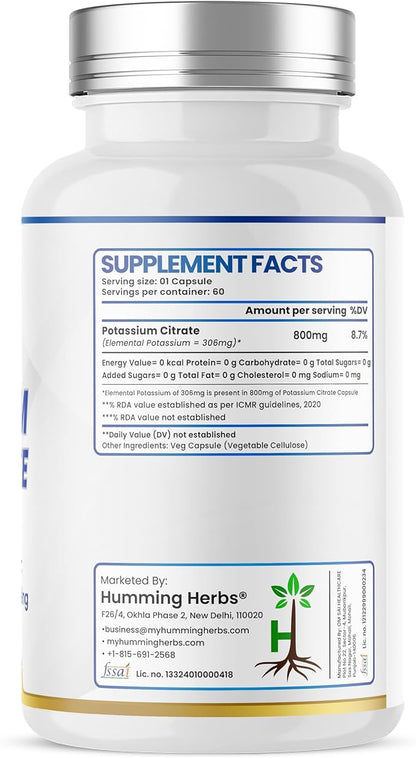 Potassium Citrate 800 mg (306 mg Elemental Potassium) – Electrolyte & pH Balance Support – Vegan, Non-GMO – 60 Capsules