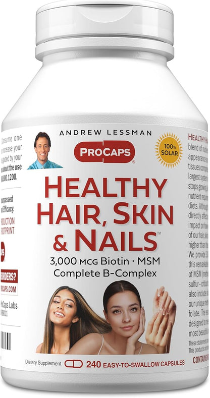 ANDREW LESSMAN Healthy Hair, Skin and Nails 240 Capsules - 3000 mcg High Bioactivity Biotin, B-Complex. Promotes Beautiful Skin, Strong Nails. No Additives Hair Growth Vitamins Biotin Supplement
