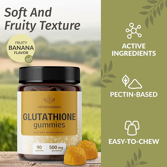 HERBAMAMA Reduced Glutathione Gummies - 500mg L-Glutathione for Liver Cleanse Support - Vegan, Non-GMO Liver Supplement - 90 Pectin-Based Banana-Flavored Chews.
