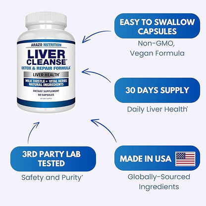 Arazo Nutrition Liver Cleanse Detox & Repair Formula – Milk Thistle Herbal Support Supplement: Silymarin, Beet, Artichoke, Dandelion, Chicory Root (Pack of 2)