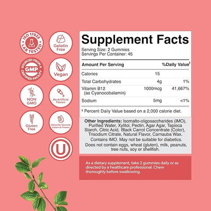 Vitamin B12 Gummies for Adults - Sugar Free Vitamin B12 1000 mcg Chewable Gums for Energy & Mood Support Immune & Nerves Health - Kosher Non-GMO & Gluten Free Supplement for Women & Men - 90 Count