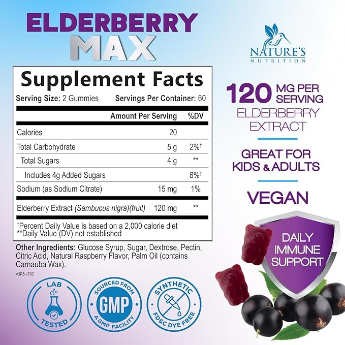 Elderberry Immune Support Gummies - Elderberry Extract Sambucus Nigra - Black Elder Berry Vitamin Supplement - Natural, Daily Immune Support Kids & Adults Love - Delicious Berry Flavor - 120 Gummies