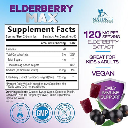 Elderberry Immune Support Gummies - Elderberry Extract Sambucus Nigra - Black Elder Berry Vitamin Supplement - Natural, Daily Immune Support Kids & Adults Love - Delicious Berry Flavor - 120 Gummies