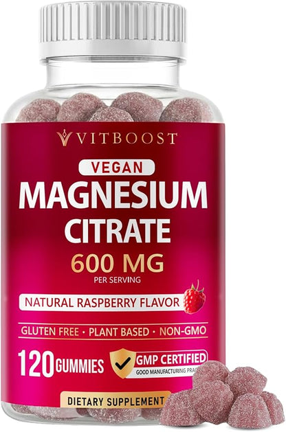 Vitboost Magnesium Citrate Gummies 600mg - 120 Count Vegan Magnesium Gummies for Relaxation & Muscle Support - Natural Raspberry Flavor - Non-GMO, Gluten Free, Plant Based