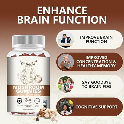 2 Packs 5000MG Mushroom Gummies -10 Blend Organic Mushroom Supplement containing Lion's Mane and Reishi for Brain and Immune Boosting, Blueberry Flavor, Non-GMO, 120 Counts