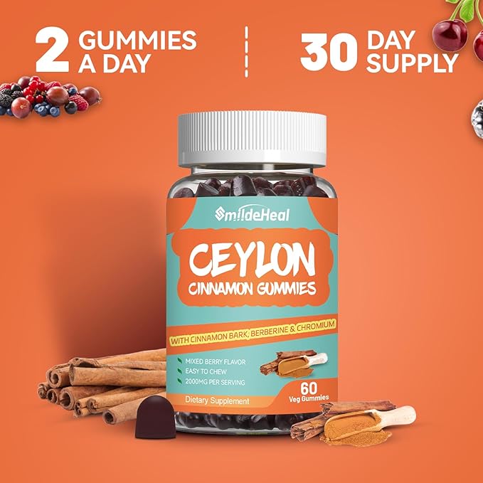 2 Pack Sugar Free Ceylon Cinnamon Gummies 2000MG, Cinnamon Supplement with Chromium and Cinnamon Bark, Vegan, Non-GMO, Gluten Free,120 Gummies