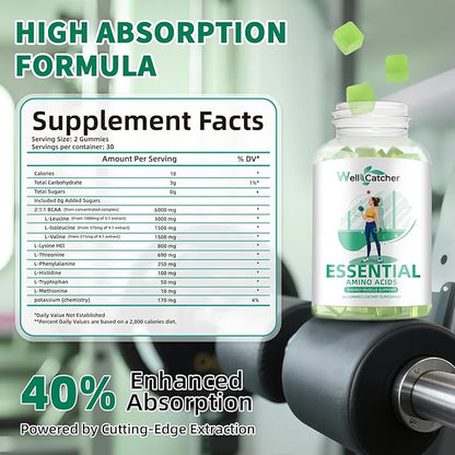 EAA Gummies Essential Amino Acids - 60 Days Supply All 9 Essential Aminos and All Branched-Chain Aminos (BCAAs) Sugar Free with Muscle Recovery Energy Support Non GMO Green Apple Flavor
