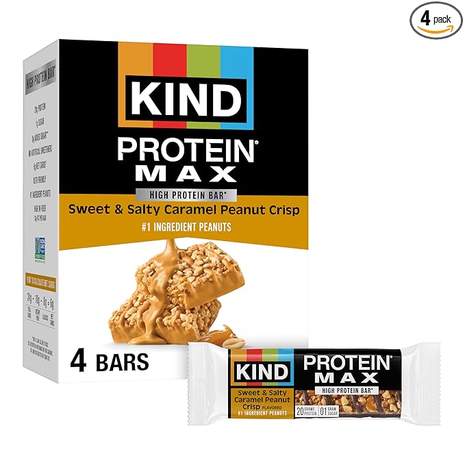 KIND Protein MAX Sweet & Salty Caramel Peanut Crisp Snack Bars, 20g of Protein, Keto Friendly, 1g of Sugar Per Bar, Gluten Free, 4 Count Box