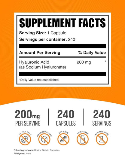 BulkSupplements.com Hyaluronic Acid Capsules - Hyaluronic Acid Supplements, Hyaluronic Acid 200mg - Pure & Gluten Free, 1 Capsule per Serving, 240 Count (Pack of 1)