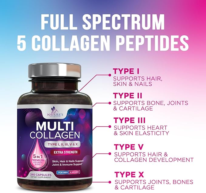 Multi Collagen Pills 2400 mg Per Serving - Advanced Types I, II, III, V, X - Hydrolyzed Multi Collagen Peptides Pills Supplement for Women & Men - Hair, Skin, & Nail Support Supplements - 240 Capsules