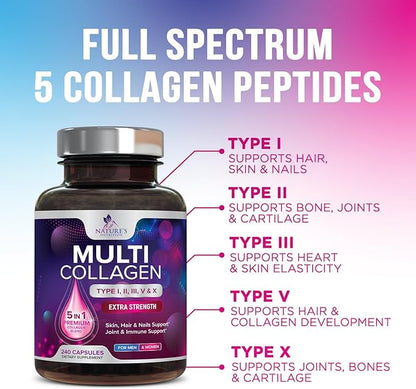 Multi Collagen Pills 2400 mg Per Serving - Advanced Types I, II, III, V, X - Hydrolyzed Multi Collagen Peptides Pills Supplement for Women & Men - Hair, Skin, & Nail Support Supplements - 240 Capsules