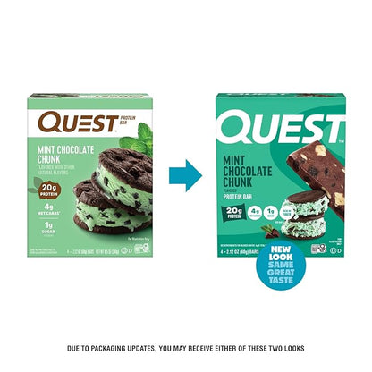 Quest Nutrition Mint Chocolate Chunk Protein Bars, 20g Protein, 1g Sugar, 4g Net Carb, High Fiber, Gluten Free, Keto Friendly, 4 Count