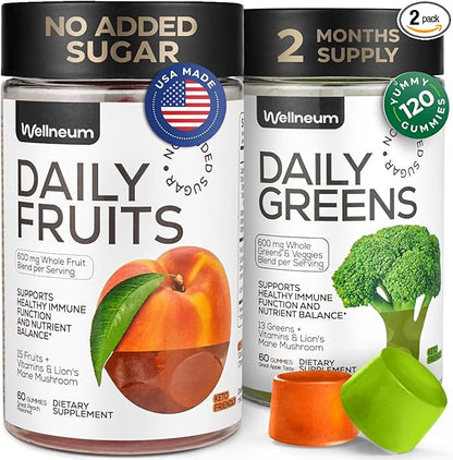 Super Greens + Super Fruits Gummies (Fruits/Greens Powder in Gummies Form) - 600mg Greens Blend + 600mg Fruits Blend for Immune Support, Sugar Free, Vegetarian, Non-GMO, 2-Pack (120 Gummies)