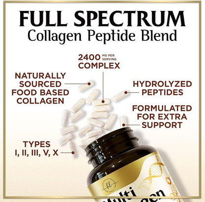 Multi Collagen Peptides for Women & Men - 2400mg per Serving - Best Hydrolyzed Collagen Complex with Type I, II, III, V, X - Hair, Skin, Nails & Joint Support Supplement - Bottled USA - 120 Capsules