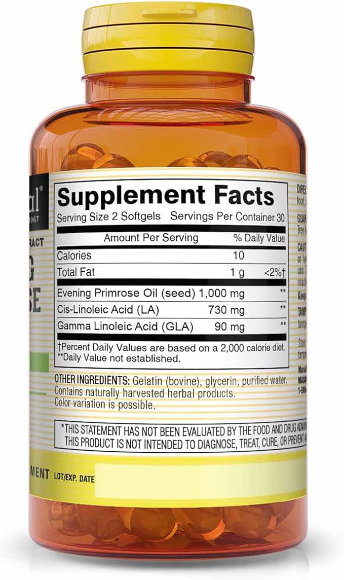 MASON NATURAL Evening Primrose Oil 1000 mg, Hormonal Balance & Skin Support for Women, Rich in Omega,6 GLA & LA, PMS & Menopause Relief Supplement, 60 Softgels