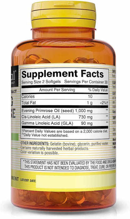 MASON NATURAL Evening Primrose Oil 1000 mg, Hormonal Balance & Skin Support for Women, Rich in Omega,6 GLA & LA, PMS & Menopause Relief Supplement, 60 Softgels