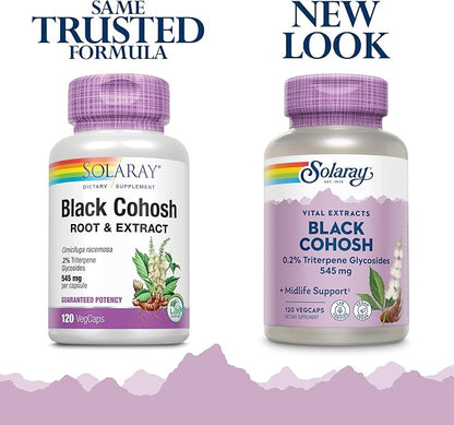 SOLARAY Black Cohosh Root Supplement for Women - Menopause Support, Vegan Capsules, Black Cohosh Herb, 545 mg per Serving, Phytoestrogen Properties, 0.2% Triterpene Glycosides - 120 Veg Cap Count